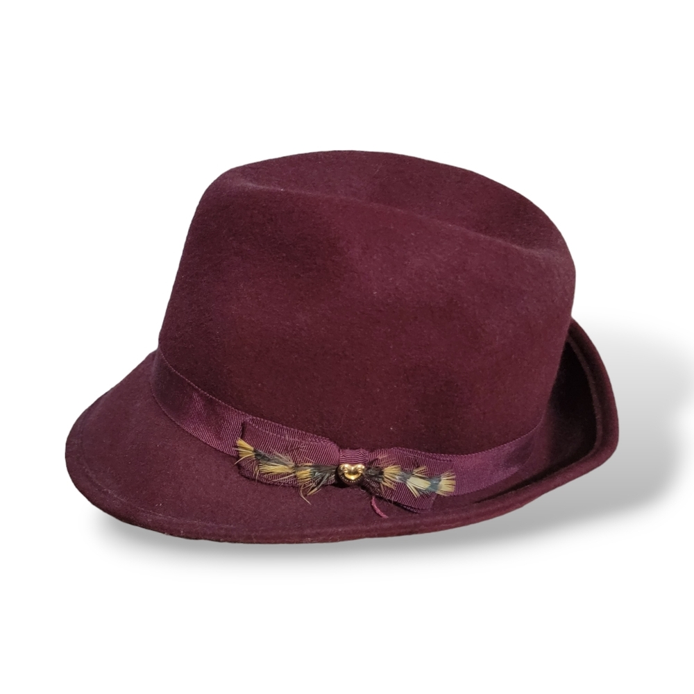 Juicy Couture 100% Wool Burgundy Fedora Hat with Feather Detail